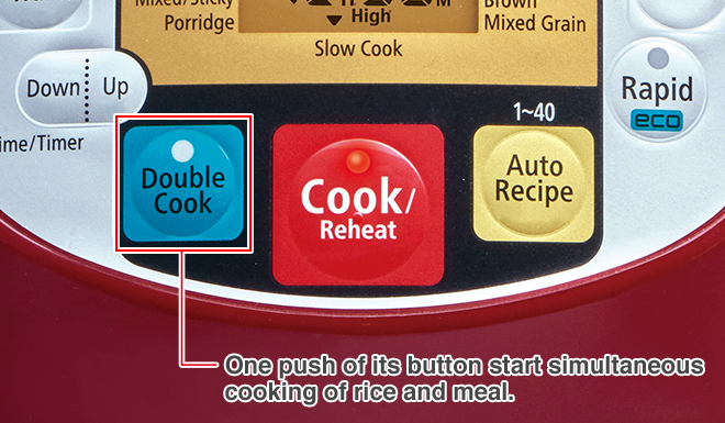 One push of its button start simultaneous cooking of rice and meal.